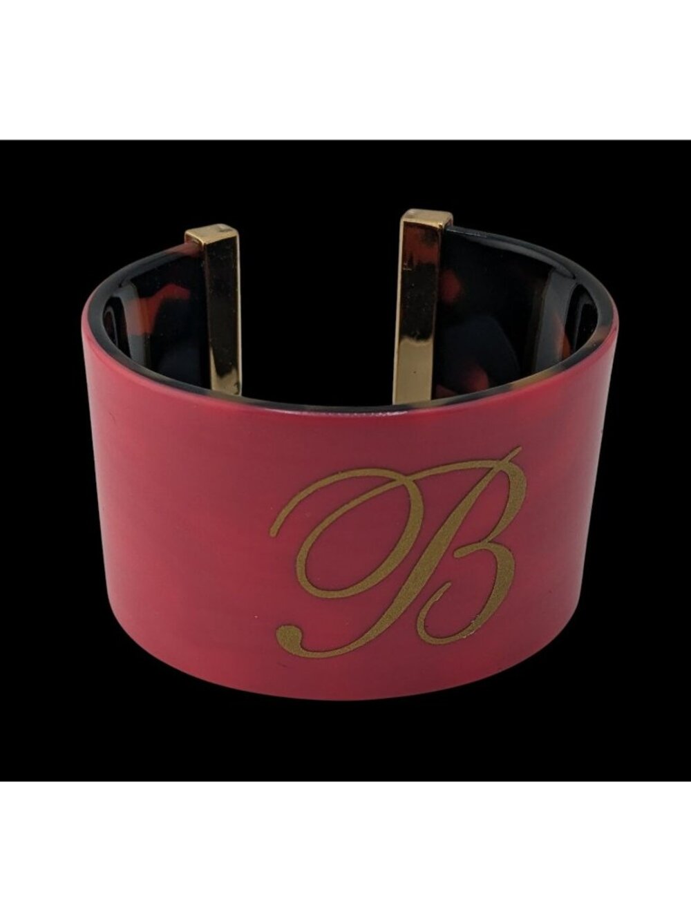 Preppy Monogram B Cuff Bracelet Pink Tortoiseshell Gold Tone Wide Statement